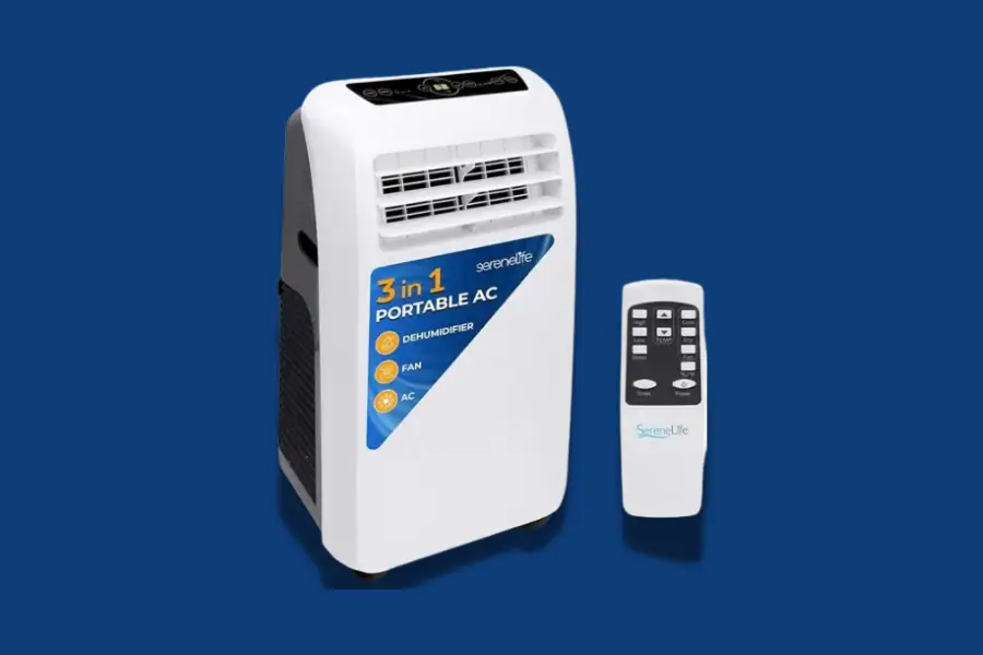 SereneLife SLPAC10 portable air conditioner with 10,000 BTU cooling capacity and remote control